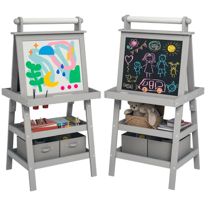 AIYPLAY Children's Drawing Easel 3 in 1 Magnetic Double-Sided Children's Blackboard Painting Easel with Paper Roll and Storage Baskets 59x48x118 cm Gray