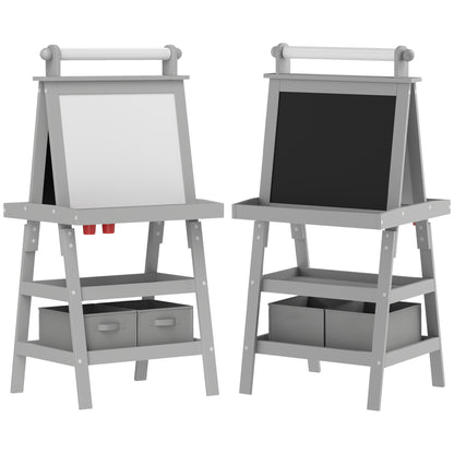 AIYPLAY Children's Drawing Easel 3 in 1 Magnetic Double-Sided Children's Blackboard Painting Easel with Paper Roll and Storage Baskets 59x48x118 cm Gray