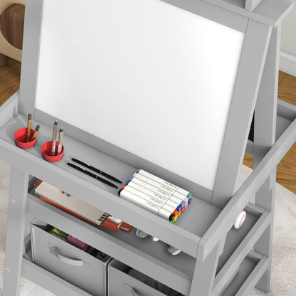 AIYPLAY Children's Drawing Easel 3 in 1 Magnetic Double-Sided Children's Blackboard Painting Easel with Paper Roll and Storage Baskets 59x48x118 cm Gray