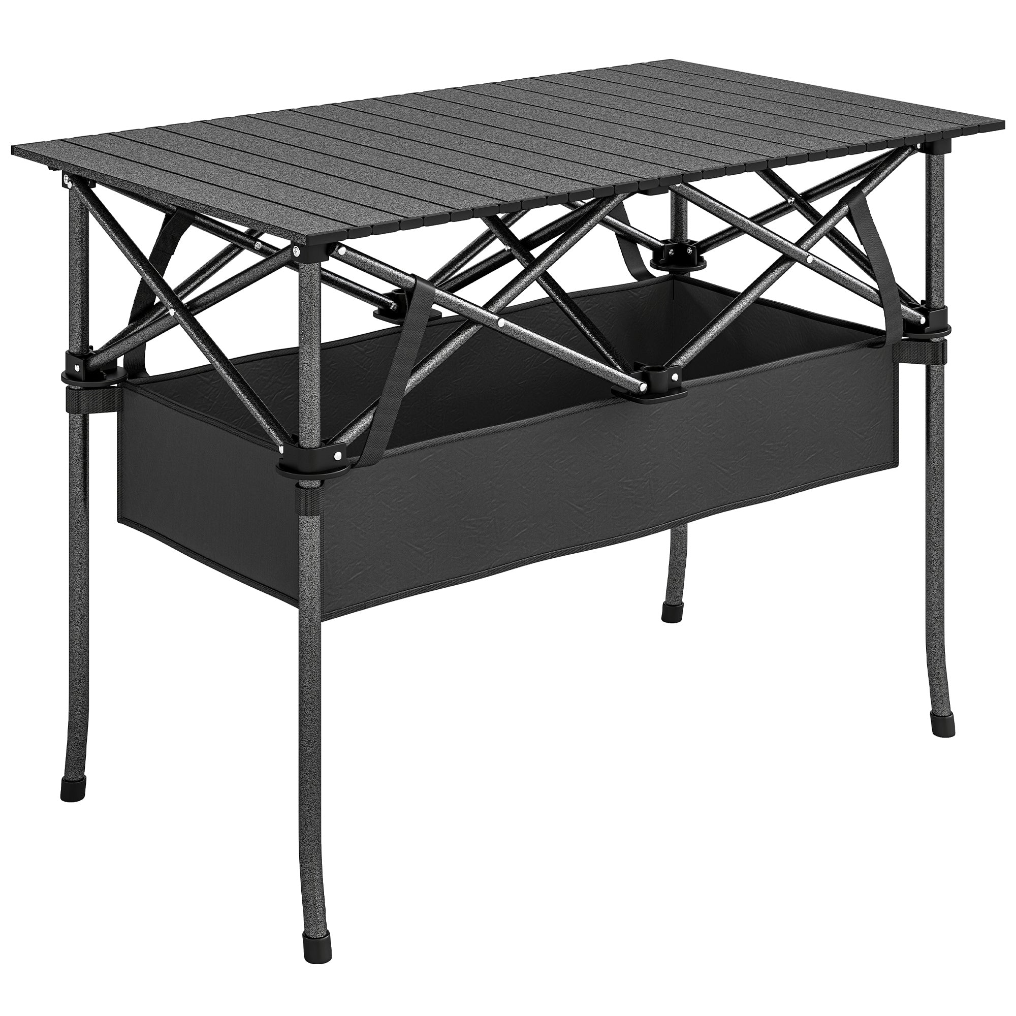 Foldable Camping Table, 36.6 x 21.7 x 26.8 in, Portable Roll-Up Aluminum Top with Storage Net, Metal Frame, Carry Bag, Black