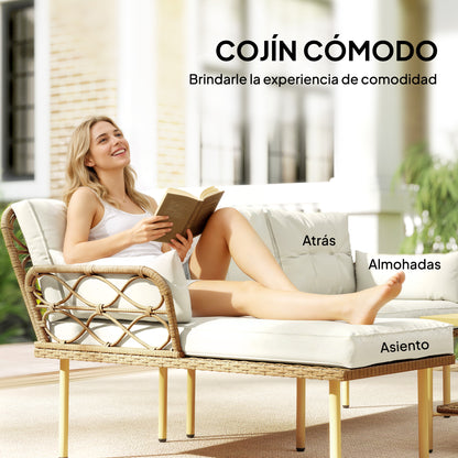 3-Piece PE Rattan Outdoor Patio Set — Chaise Lounge, 2-Seat Sofa & 2-Tier Metal Coffee Table with Cushions, UV-Resistant, Cream