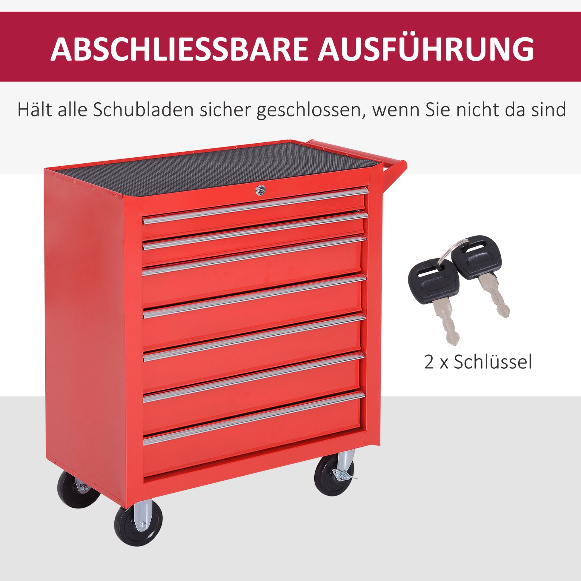 Workshop Cart with Wheels, Tool Cart with 7 Drawers, Lockable Assembly Cart with Brake, Mobile Rolling Cart, Max. Load 150kg, Steel, Red