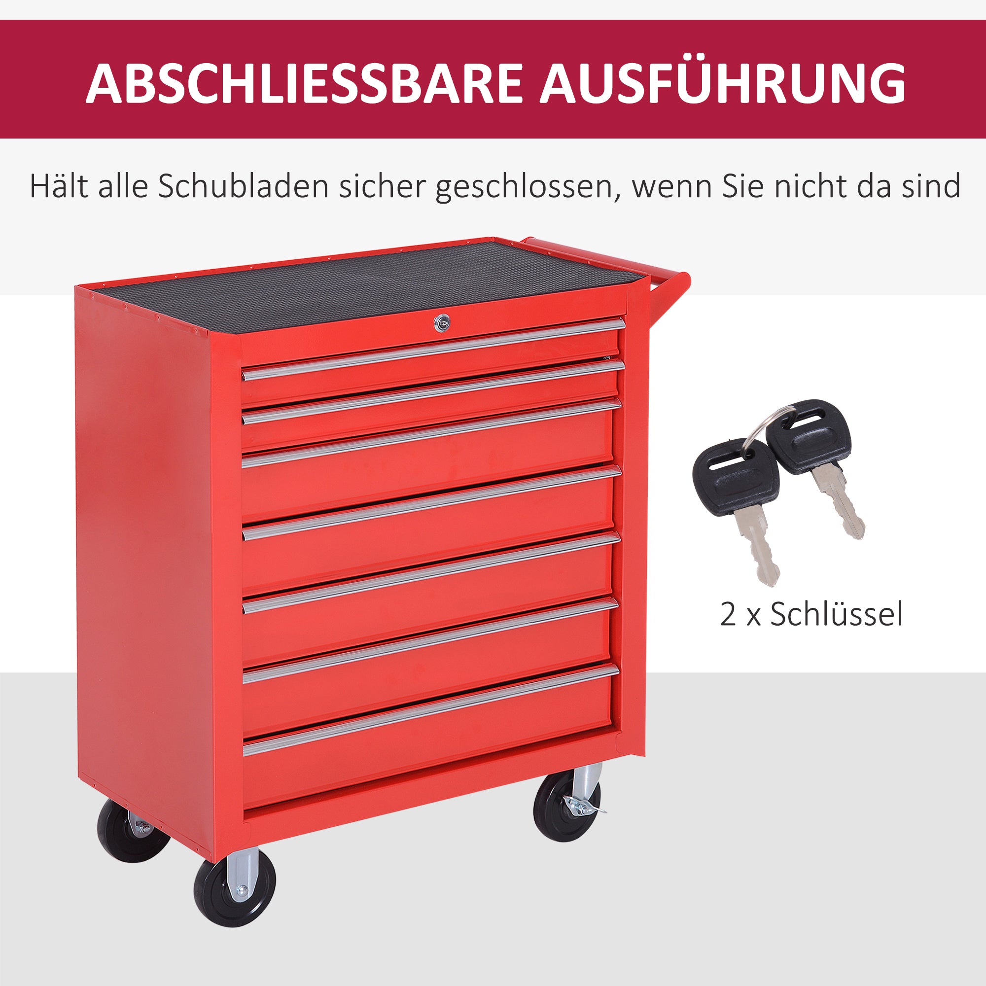 Workshop Cart with Wheels, Tool Cart with 7 Drawers, Lockable Assembly Cart with Brake, Mobile Rolling Cart, Max. Load 150kg, Steel, Red