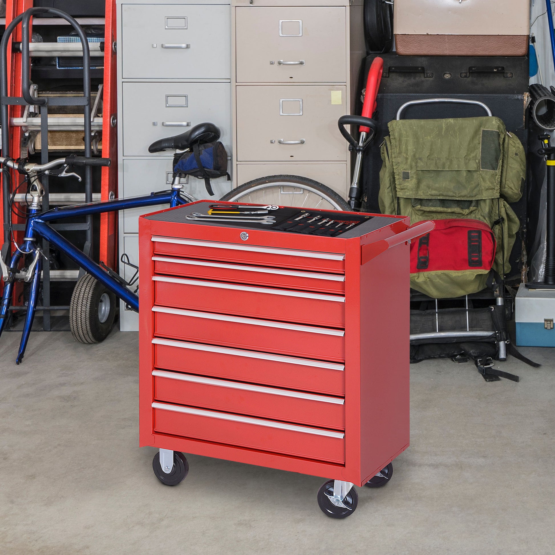 Workshop Cart with Wheels, Tool Cart with 7 Drawers, Lockable Assembly Cart with Brake, Mobile Rolling Cart, Max. Load 150kg, Steel, Red