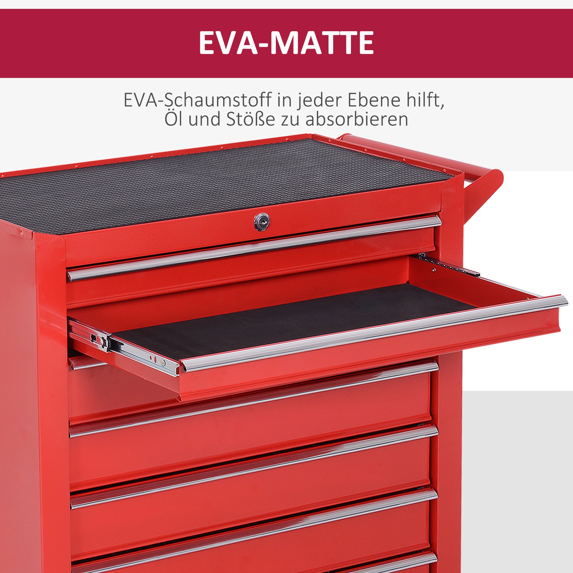 Workshop Cart with Wheels, Tool Cart with 7 Drawers, Lockable Assembly Cart with Brake, Mobile Rolling Cart, Max. Load 150kg, Steel, Red