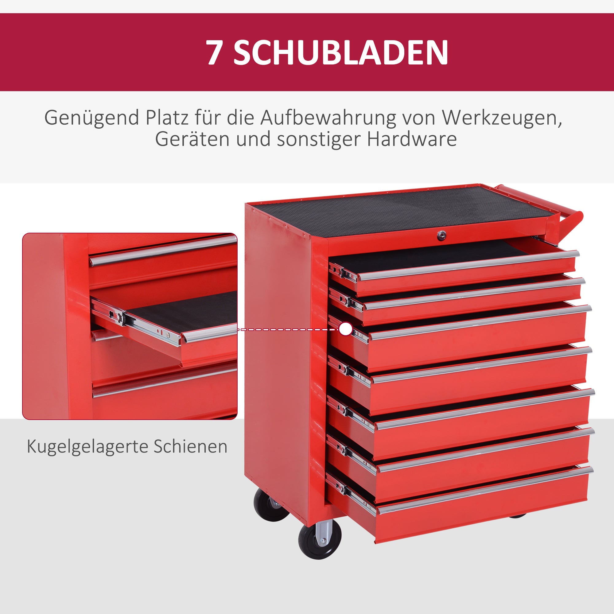Workshop Cart with Wheels, Tool Cart with 7 Drawers, Lockable Assembly Cart with Brake, Mobile Rolling Cart, Max. Load 150kg, Steel, Red
