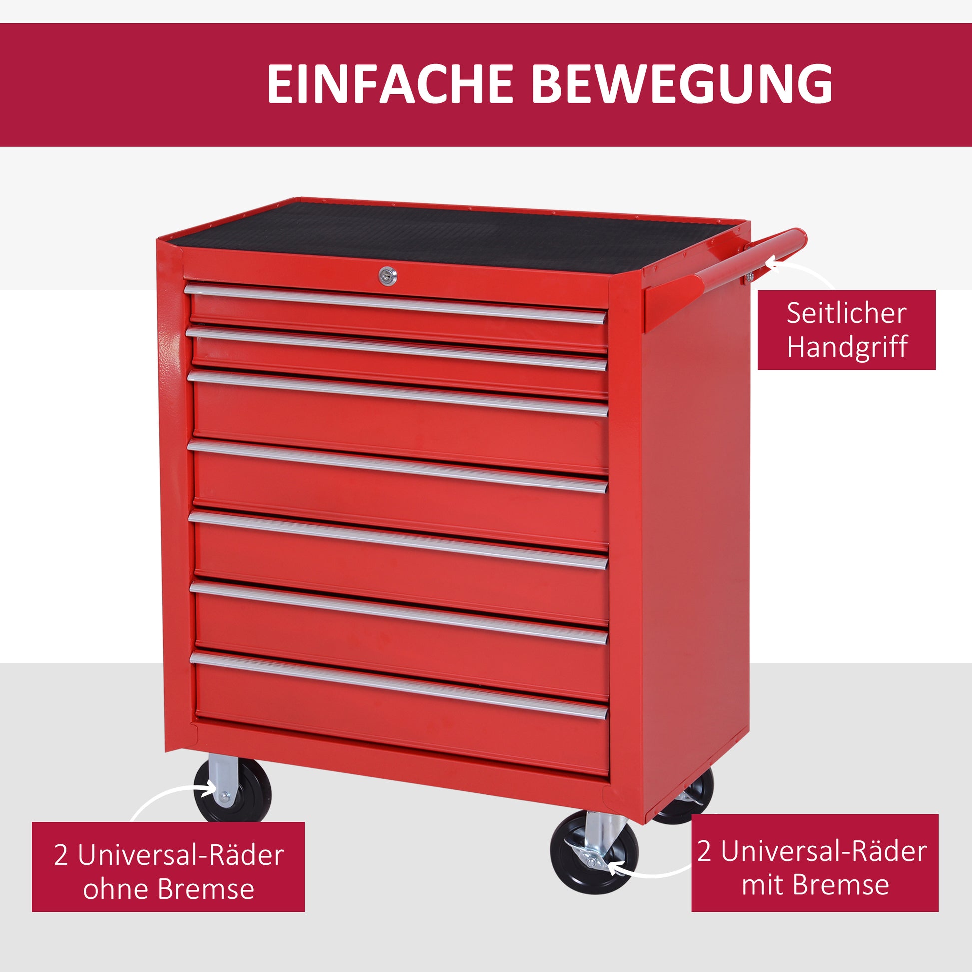 Workshop Cart with Wheels, Tool Cart with 7 Drawers, Lockable Assembly Cart with Brake, Mobile Rolling Cart, Max. Load 150kg, Steel, Red
