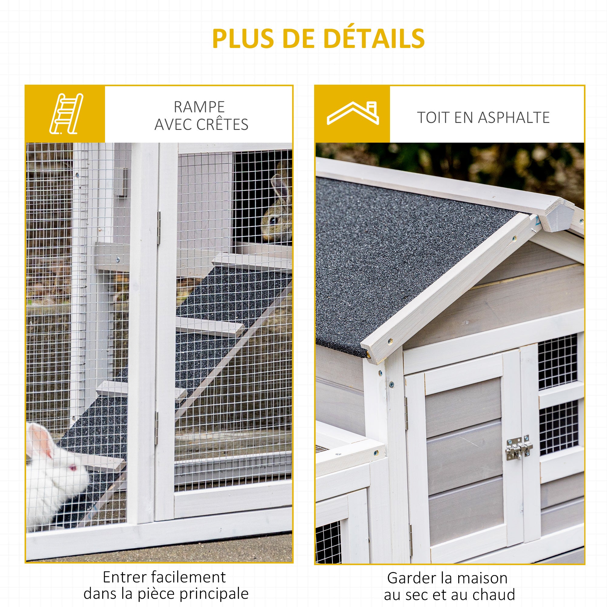 Rabbit Hutch Cottage - Upper Enclosure with Ramp and Outdoor Enclosure - Pull-Out Tray, Bituminous Roof, 4 Lockable Doors - Dimensions 128L x 64W x 92H cm Spruce Wood White Gray