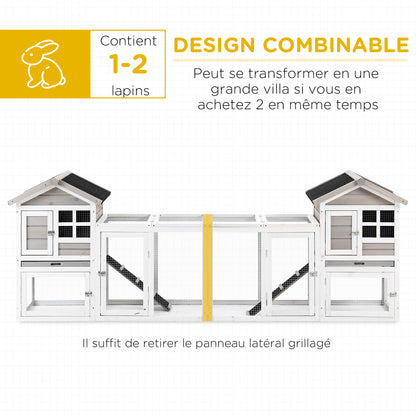 Rabbit Hutch Cottage - Upper Enclosure with Ramp and Outdoor Enclosure - Pull-Out Tray, Bituminous Roof, 4 Lockable Doors - Dimensions 128L x 64W x 92H cm Spruce Wood White Gray