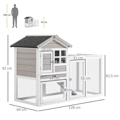 Rabbit Hutch Cottage - Upper Enclosure with Ramp and Outdoor Enclosure - Pull-Out Tray, Bituminous Roof, 4 Lockable Doors - Dimensions 128L x 64W x 92H cm Spruce Wood White Gray