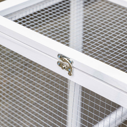Rabbit Hutch Cottage - Upper Enclosure with Ramp and Outdoor Enclosure - Pull-Out Tray, Bituminous Roof, 4 Lockable Doors - Dimensions 128L x 64W x 92H cm Spruce Wood White Gray