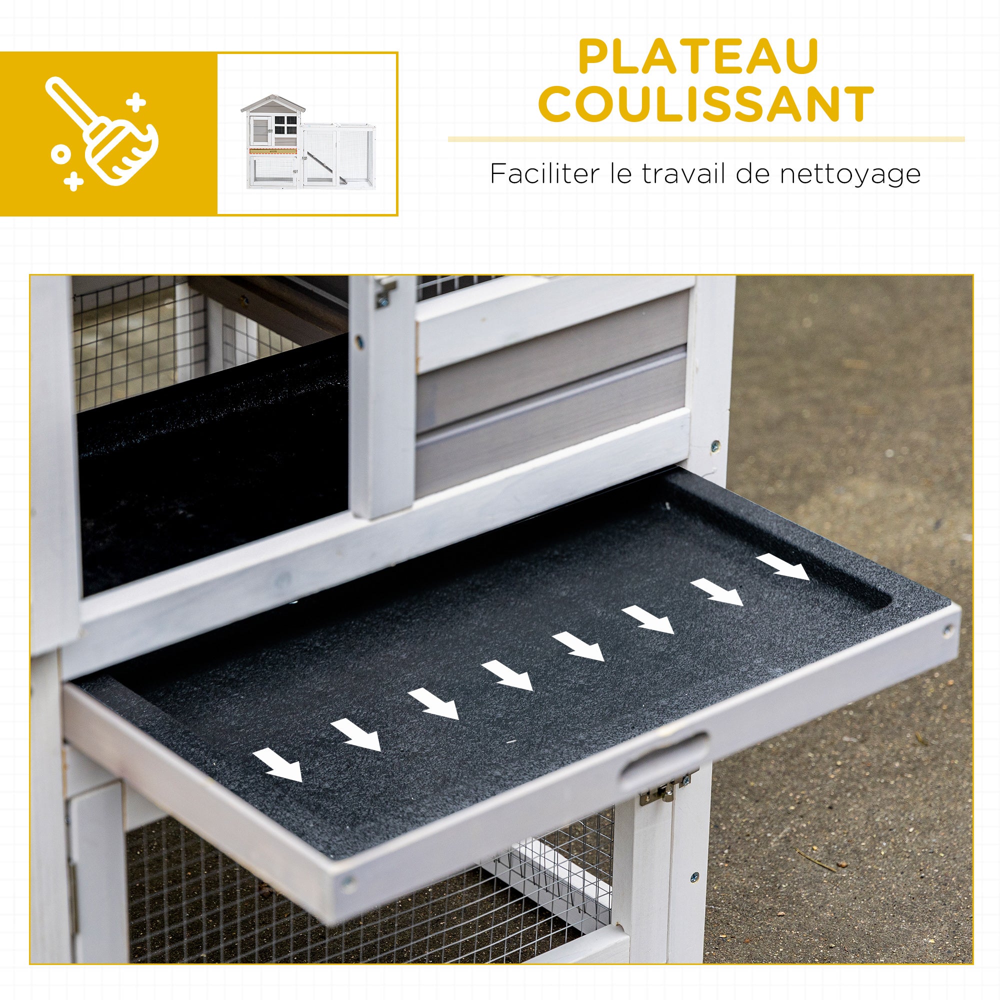 Rabbit Hutch Cottage - Upper Enclosure with Ramp and Outdoor Enclosure - Pull-Out Tray, Bituminous Roof, 4 Lockable Doors - Dimensions 128L x 64W x 92H cm Spruce Wood White Gray
