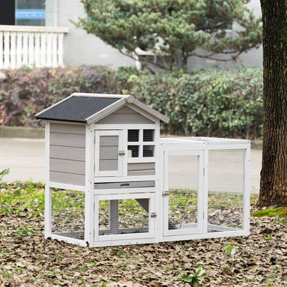 Rabbit Hutch Cottage - Upper Enclosure with Ramp and Outdoor Enclosure - Pull-Out Tray, Bituminous Roof, 4 Lockable Doors - Dimensions 128L x 64W x 92H cm Spruce Wood White Gray