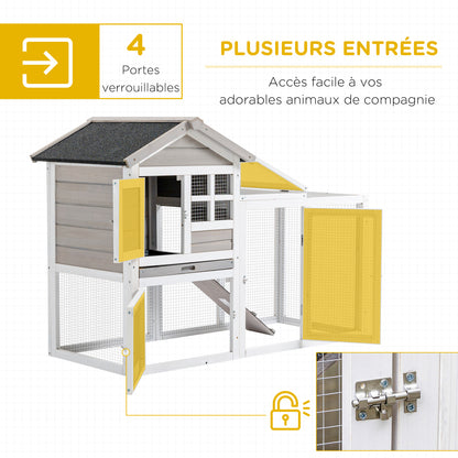 Rabbit Hutch Cottage - Upper Enclosure with Ramp and Outdoor Enclosure - Pull-Out Tray, Bituminous Roof, 4 Lockable Doors - Dimensions 128L x 64W x 92H cm Spruce Wood White Gray