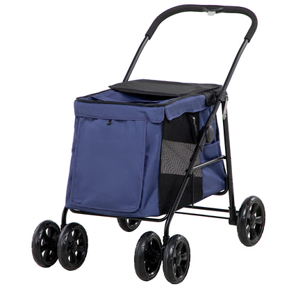 Dog Stroller, Foldable Dog Buggy, Dog Trolley with Cushion, Cat Buggy up to 20 kg, Cat Cart for Small and Medium Dogs with Side Pockets, Mesh Window, Oxford Fabric, Blue