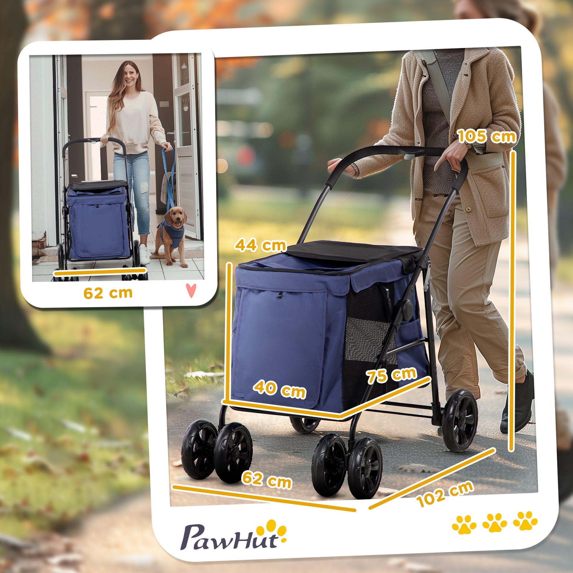 Dog Stroller, Foldable Dog Buggy, Dog Trolley with Cushion, Cat Buggy up to 20 kg, Cat Cart for Small and Medium Dogs with Side Pockets, Mesh Window, Oxford Fabric, Blue