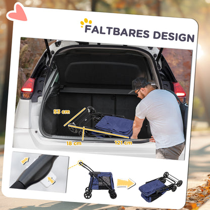 Dog Stroller, Foldable Dog Buggy, Dog Trolley with Cushion, Cat Buggy up to 20 kg, Cat Cart for Small and Medium Dogs with Side Pockets, Mesh Window, Oxford Fabric, Blue