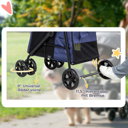 Dog Stroller, Foldable Dog Buggy, Dog Trolley with Cushion, Cat Buggy up to 20 kg, Cat Cart for Small and Medium Dogs with Side Pockets, Mesh Window, Oxford Fabric, Blue