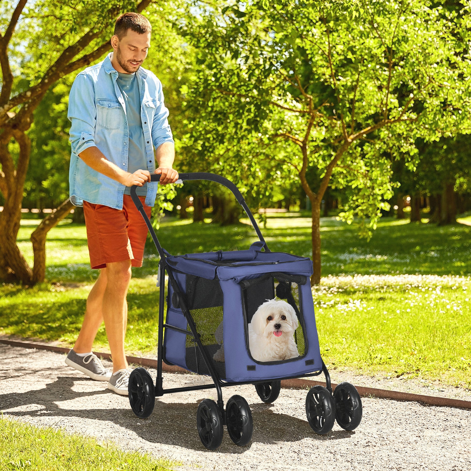 Dog Stroller, Foldable Dog Buggy, Dog Trolley with Cushion, Cat Buggy up to 20 kg, Cat Cart for Small and Medium Dogs with Side Pockets, Mesh Window, Oxford Fabric, Blue