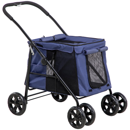 Dog Stroller, Foldable Dog Buggy, Dog Trolley with Cushion, Cat Buggy up to 20 kg, Cat Cart for Small and Medium Dogs with Side Pockets, Mesh Window, Oxford Fabric, Blue