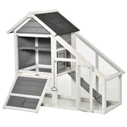 Wooden Rabbit Hutch with Open Area and Ramp, Rabbit Cage with Removable Bottom and Doors, 140x65x120 cm, Gray