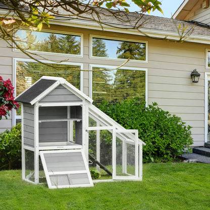 Wooden Rabbit Hutch with Open Area and Ramp, Rabbit Cage with Removable Bottom and Doors, 140x65x120 cm, Gray