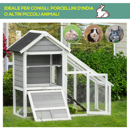 Wooden Rabbit Hutch with Open Area and Ramp, Rabbit Cage with Removable Bottom and Doors, 140x65x120 cm, Gray