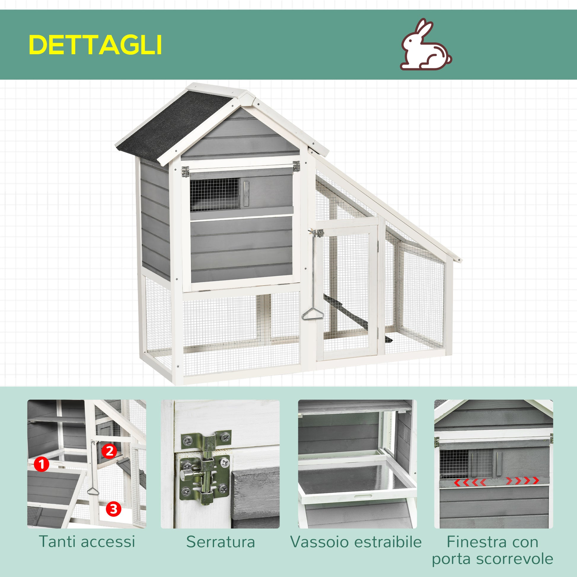 Wooden Rabbit Hutch with Open Area and Ramp, Rabbit Cage with Removable Bottom and Doors, 140x65x120 cm, Gray