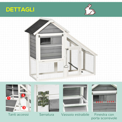 Wooden Rabbit Hutch with Open Area and Ramp, Rabbit Cage with Removable Bottom and Doors, 140x65x120 cm, Gray