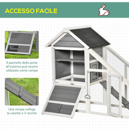 Wooden Rabbit Hutch with Open Area and Ramp, Rabbit Cage with Removable Bottom and Doors, 140x65x120 cm, Gray