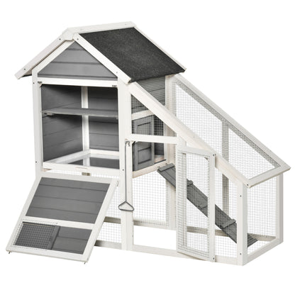 Wooden Rabbit Hutch with Open Area and Ramp, Rabbit Cage with Removable Bottom and Doors, 140x65x120 cm, Gray