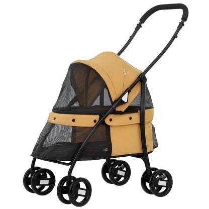 Folding Pet Stroller Pet Carriage for Small Dogs with Mesh Windows Washable Cushion Safety Straps and Steel Frame Load 15 kg Brown