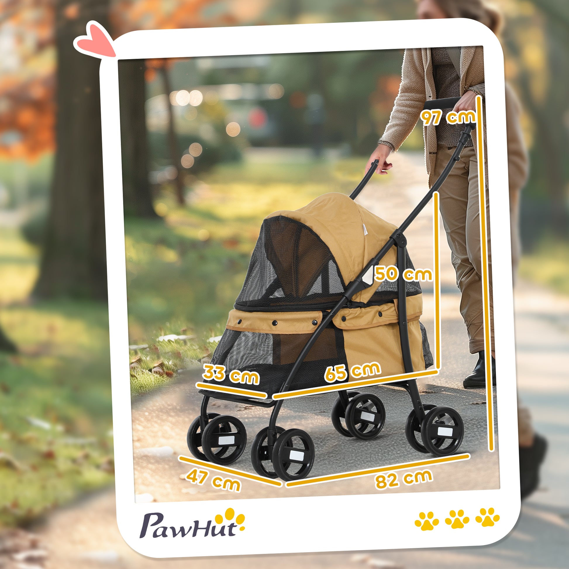 Folding Pet Stroller Pet Carriage for Small Dogs with Mesh Windows Washable Cushion Safety Straps and Steel Frame Load 15 kg Brown
