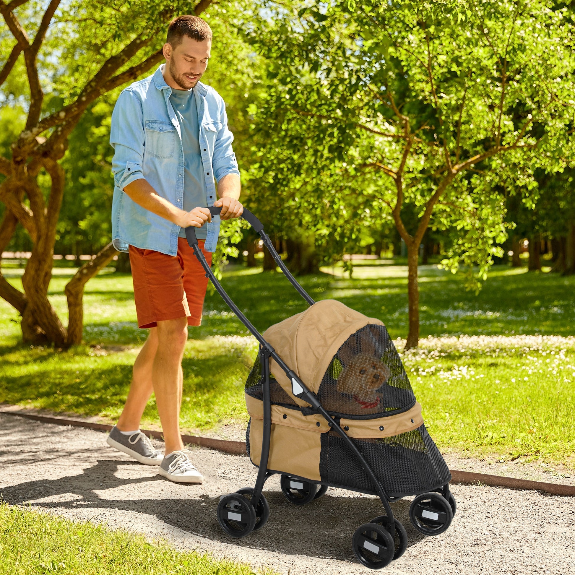 Folding Pet Stroller Pet Carriage for Small Dogs with Mesh Windows Washable Cushion Safety Straps and Steel Frame Load 15 kg Brown