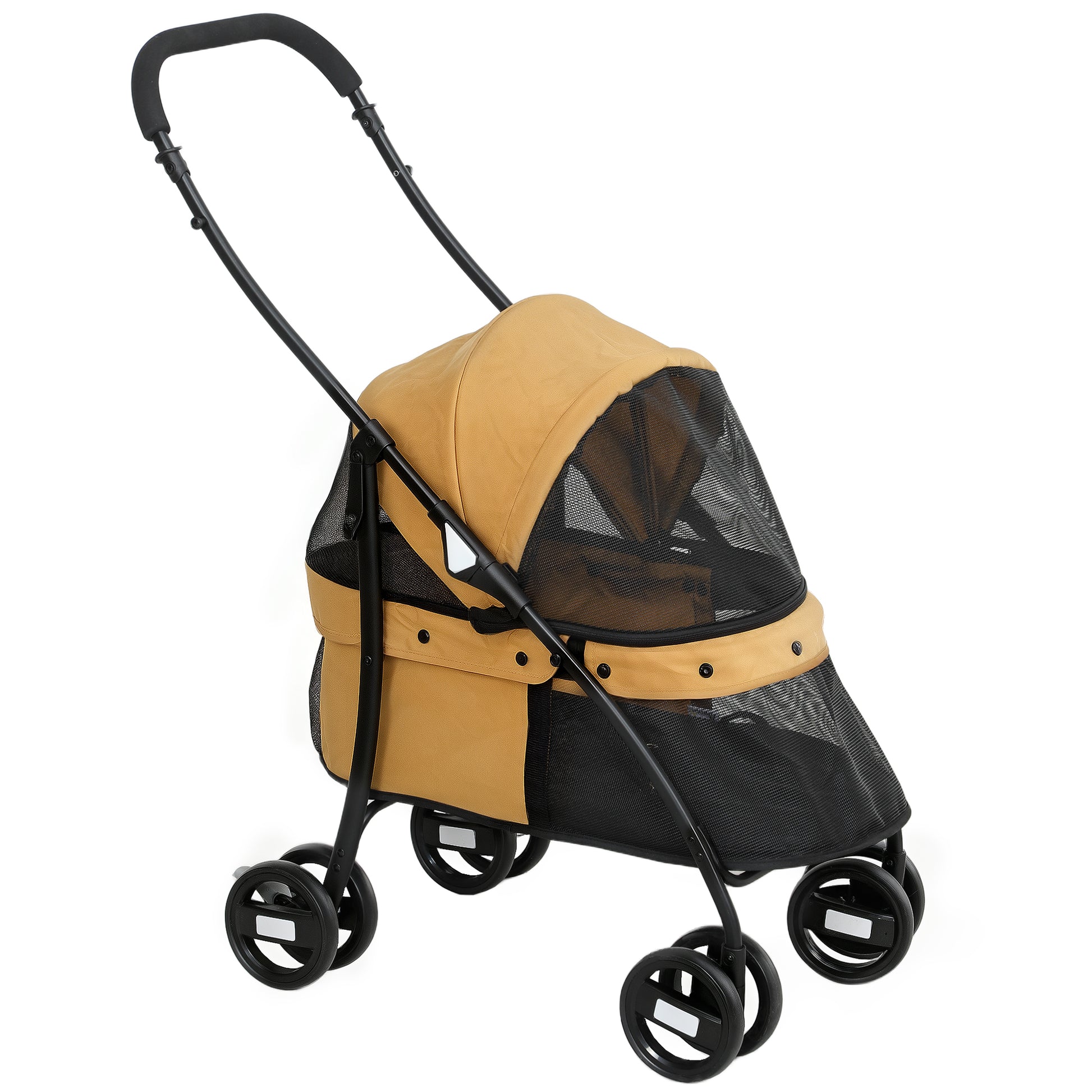 Folding Pet Stroller Pet Carriage for Small Dogs with Mesh Windows Washable Cushion Safety Straps and Steel Frame Load 15 kg Brown