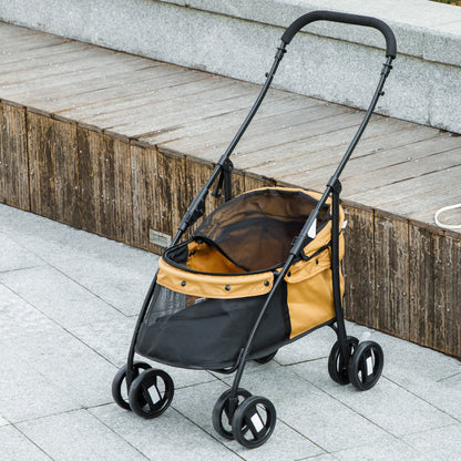Folding Pet Stroller Pet Carriage for Small Dogs with Mesh Windows Washable Cushion Safety Straps and Steel Frame Load 15 kg Brown