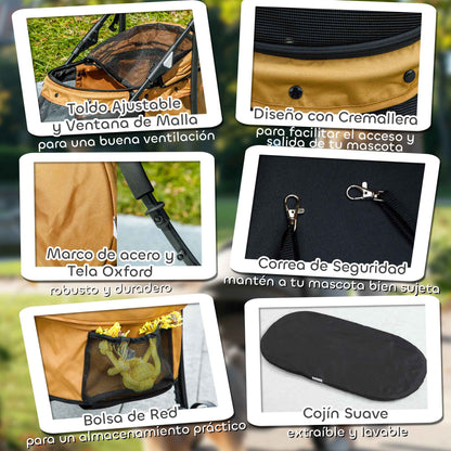 Folding Pet Stroller Pet Carriage for Small Dogs with Mesh Windows Washable Cushion Safety Straps and Steel Frame Load 15 kg Brown