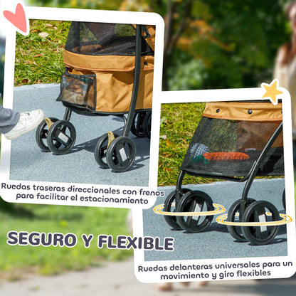 Folding Pet Stroller Pet Carriage for Small Dogs with Mesh Windows Washable Cushion Safety Straps and Steel Frame Load 15 kg Brown