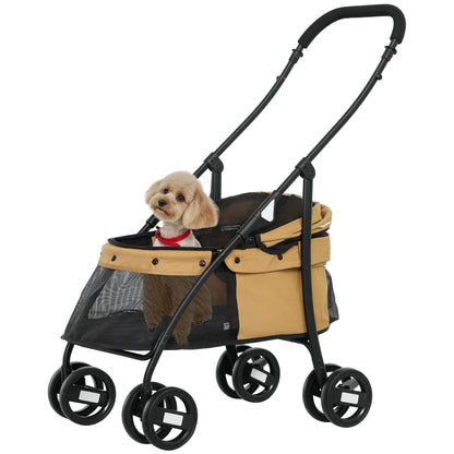 Folding Pet Stroller Pet Carriage for Small Dogs with Mesh Windows Washable Cushion Safety Straps and Steel Frame Load 15 kg Brown