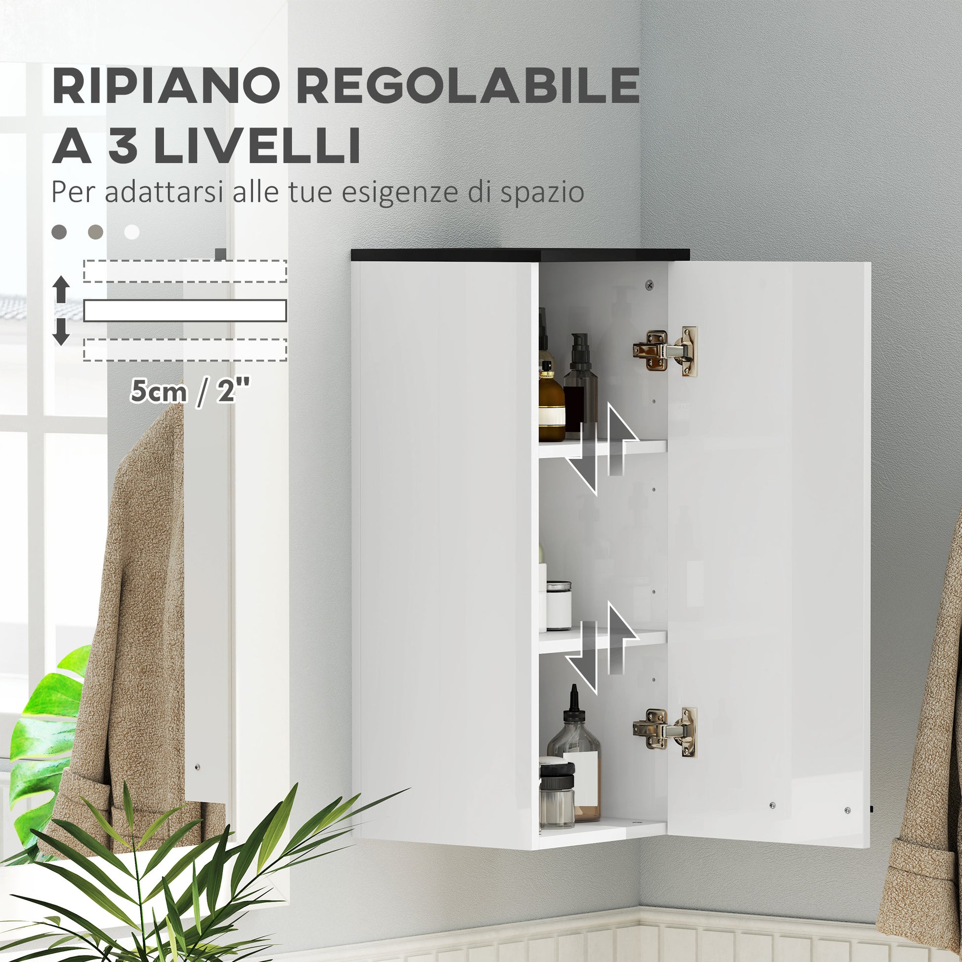 Wall Mounted Bathroom Cabinet, Bathroom Storage with 3 Shelves and Adjustable Shelves, 30x32x73 cm, Glossy White