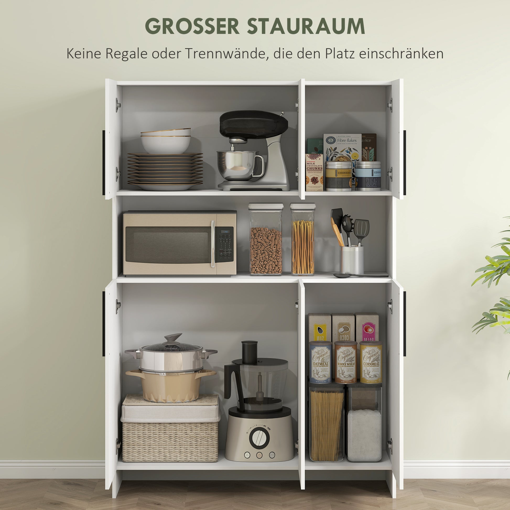Kitchen Cabinet Buffet Cabinet with Worktop, 6 Doors, 4 Cabinets, Tall Cabinet with Noiseless Hinges, Microwave Cabinet with Modern Design, White
