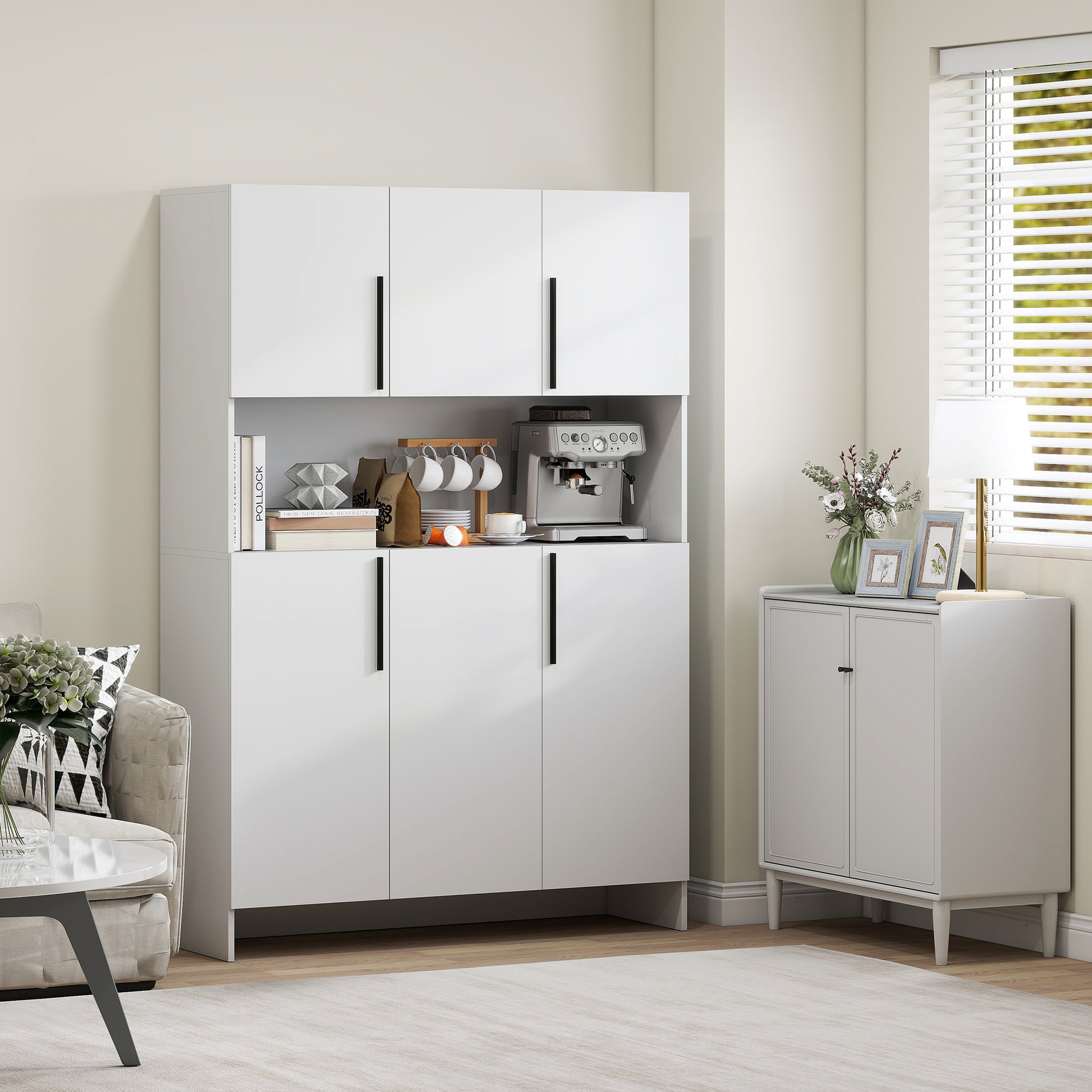 Kitchen Cabinet Buffet Cabinet with Worktop, 6 Doors, 4 Cabinets, Tall Cabinet with Noiseless Hinges, Microwave Cabinet with Modern Design, White
