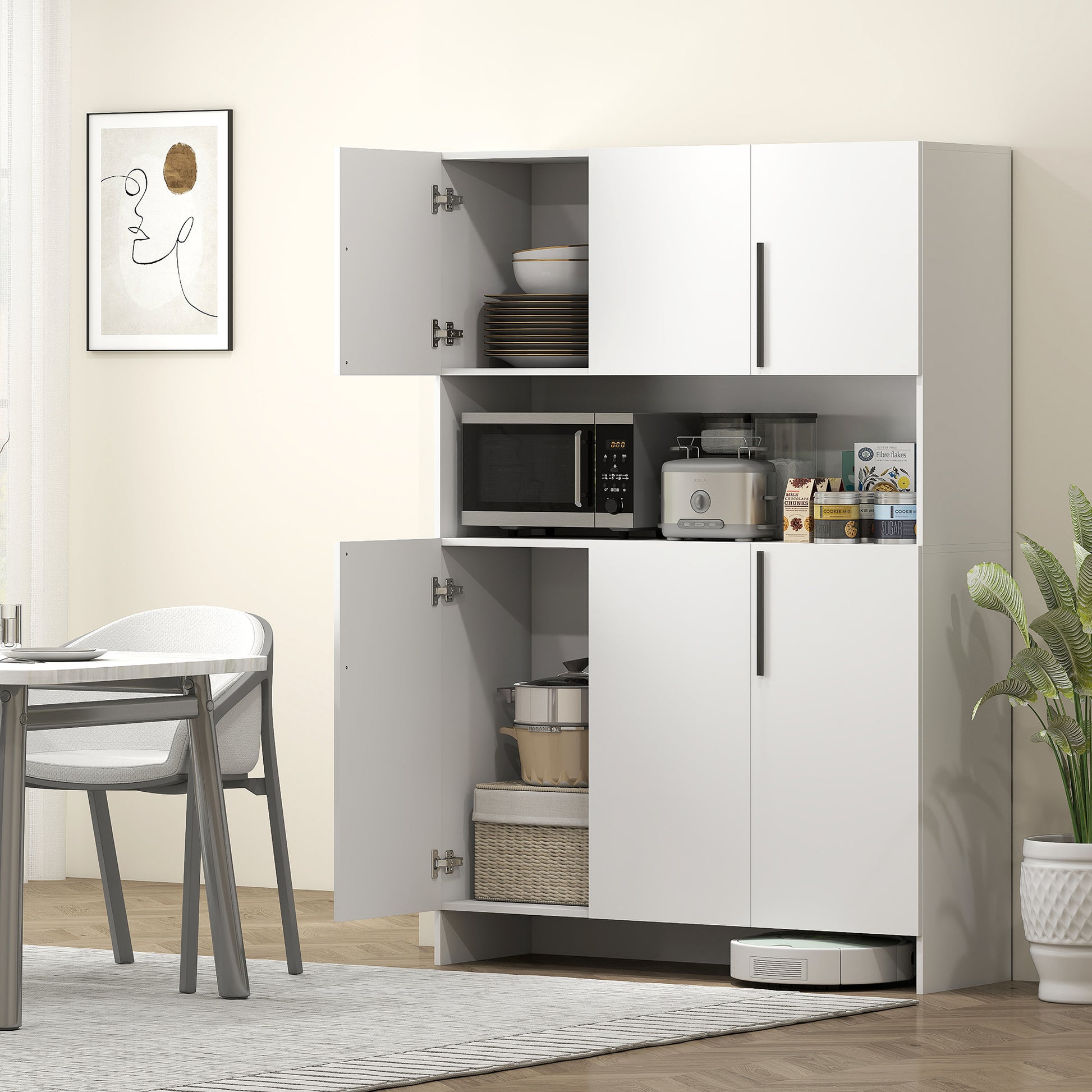Kitchen Cabinet Buffet Cabinet with Worktop, 6 Doors, 4 Cabinets, Tall Cabinet with Noiseless Hinges, Microwave Cabinet with Modern Design, White