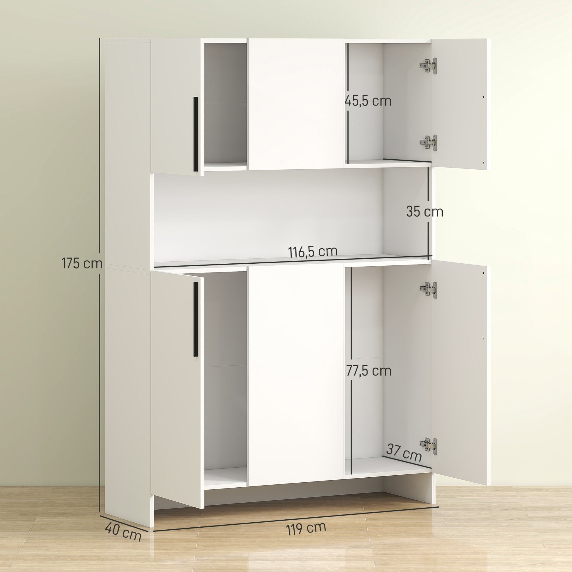 Kitchen Cabinet Buffet Cabinet with Worktop, 6 Doors, 4 Cabinets, Tall Cabinet with Noiseless Hinges, Microwave Cabinet with Modern Design, White