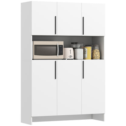 Kitchen Cabinet Buffet Cabinet with Worktop, 6 Doors, 4 Cabinets, Tall Cabinet with Noiseless Hinges, Microwave Cabinet with Modern Design, White