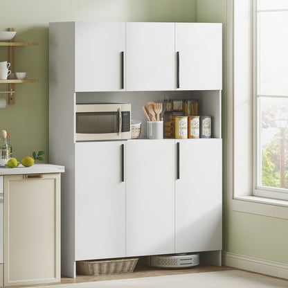Kitchen Cabinet Buffet Cabinet with Worktop, 6 Doors, 4 Cabinets, Tall Cabinet with Noiseless Hinges, Microwave Cabinet with Modern Design, White