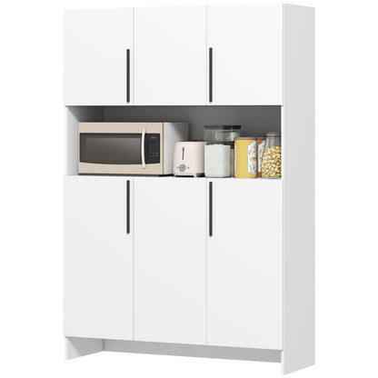 Kitchen Cabinet Buffet Cabinet with Worktop, 6 Doors, 4 Cabinets, Tall Cabinet with Noiseless Hinges, Microwave Cabinet with Modern Design, White