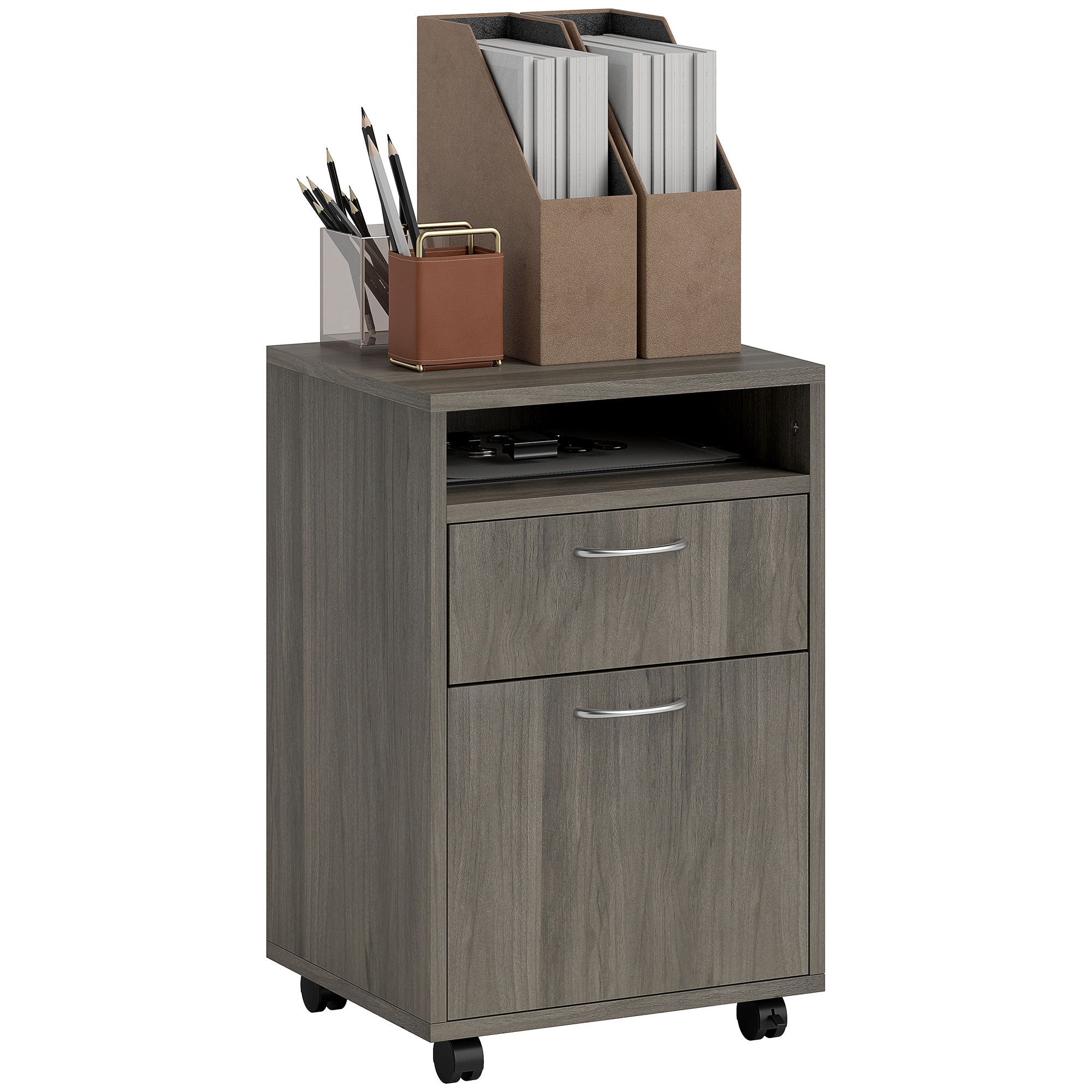 Office File Cabinet with Drawer, Cupboard, Locking Casters & Open Shelf — Fits Letter/Legal/A4, 15.7"x13.8"x23.6", Gray