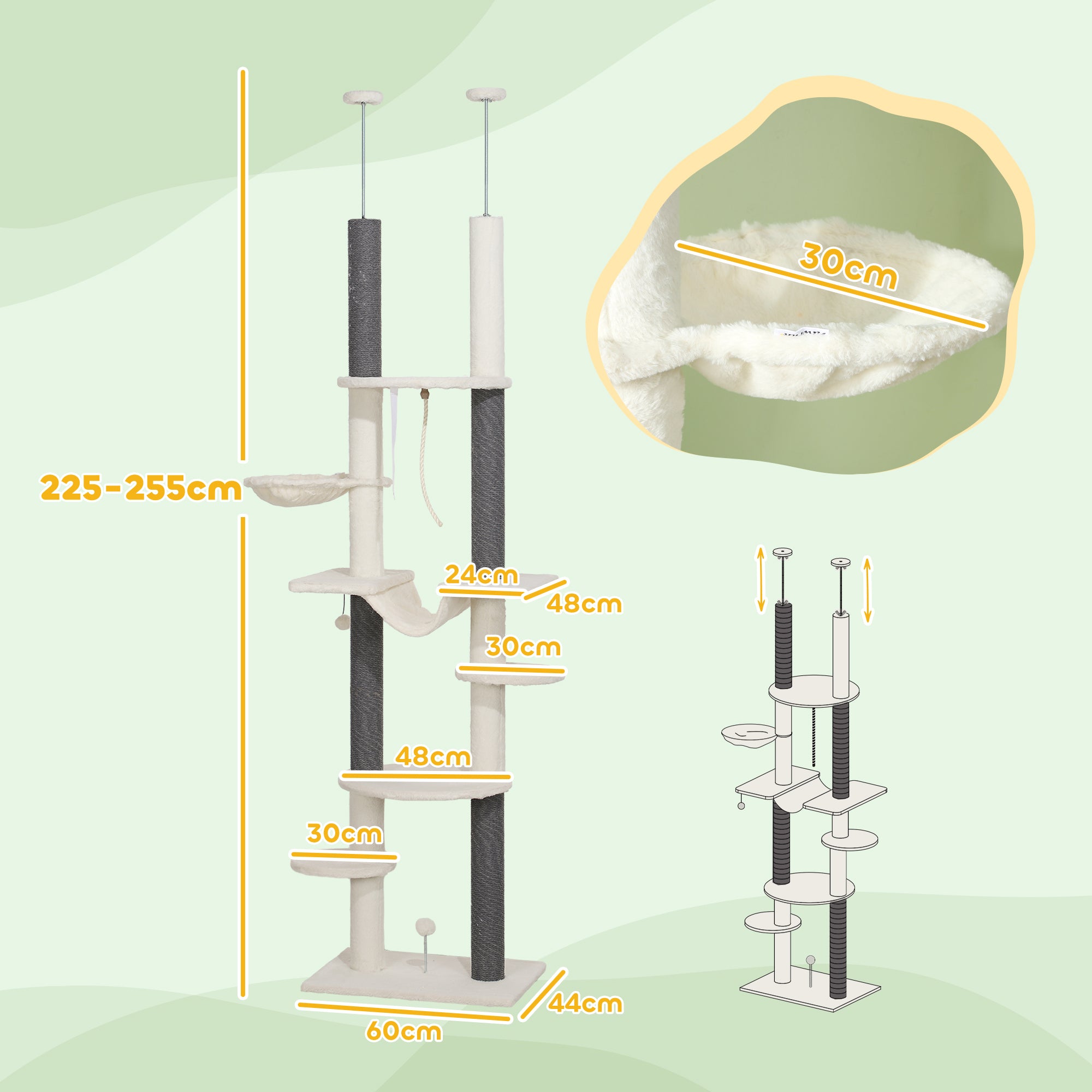 Ceiling High Scratching Post, Cat Tree, 225-255 cm Cat Scratching Post with Hammocks, Scratching Posts, Basket, Play Ball, Cat Furniture with Tipping Protection, White
