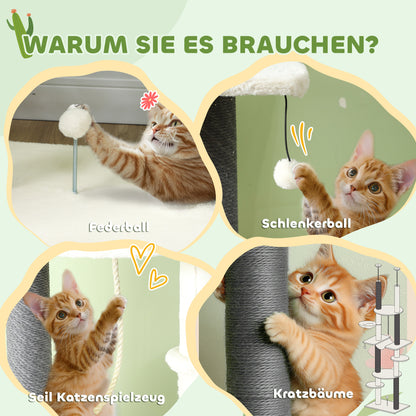Ceiling High Scratching Post, Cat Tree, 225-255 cm Cat Scratching Post with Hammocks, Scratching Posts, Basket, Play Ball, Cat Furniture with Tipping Protection, White